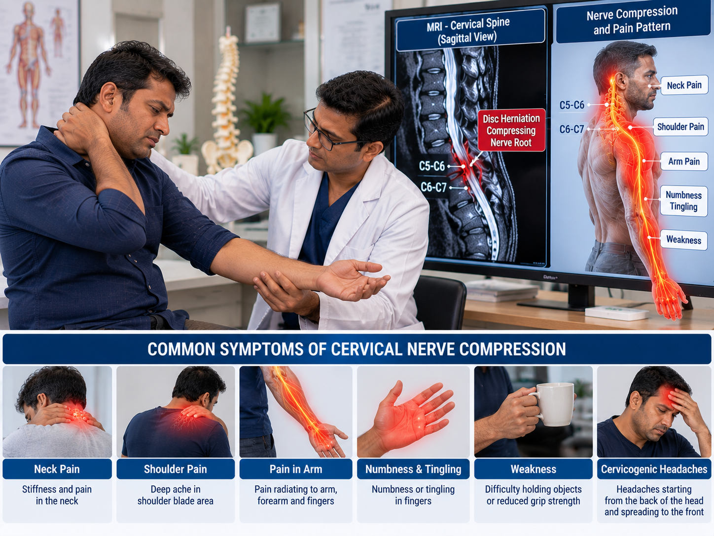 Cervical disc degeneration and nerve compression causing arm pain and headaches